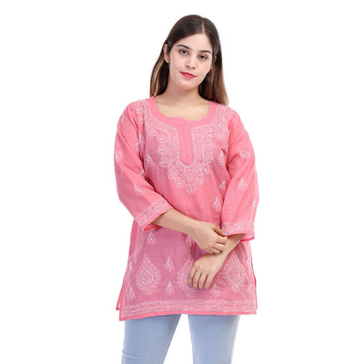 Women’s Pink Chikankari Cotton Kurta with 3/4 Sleeves