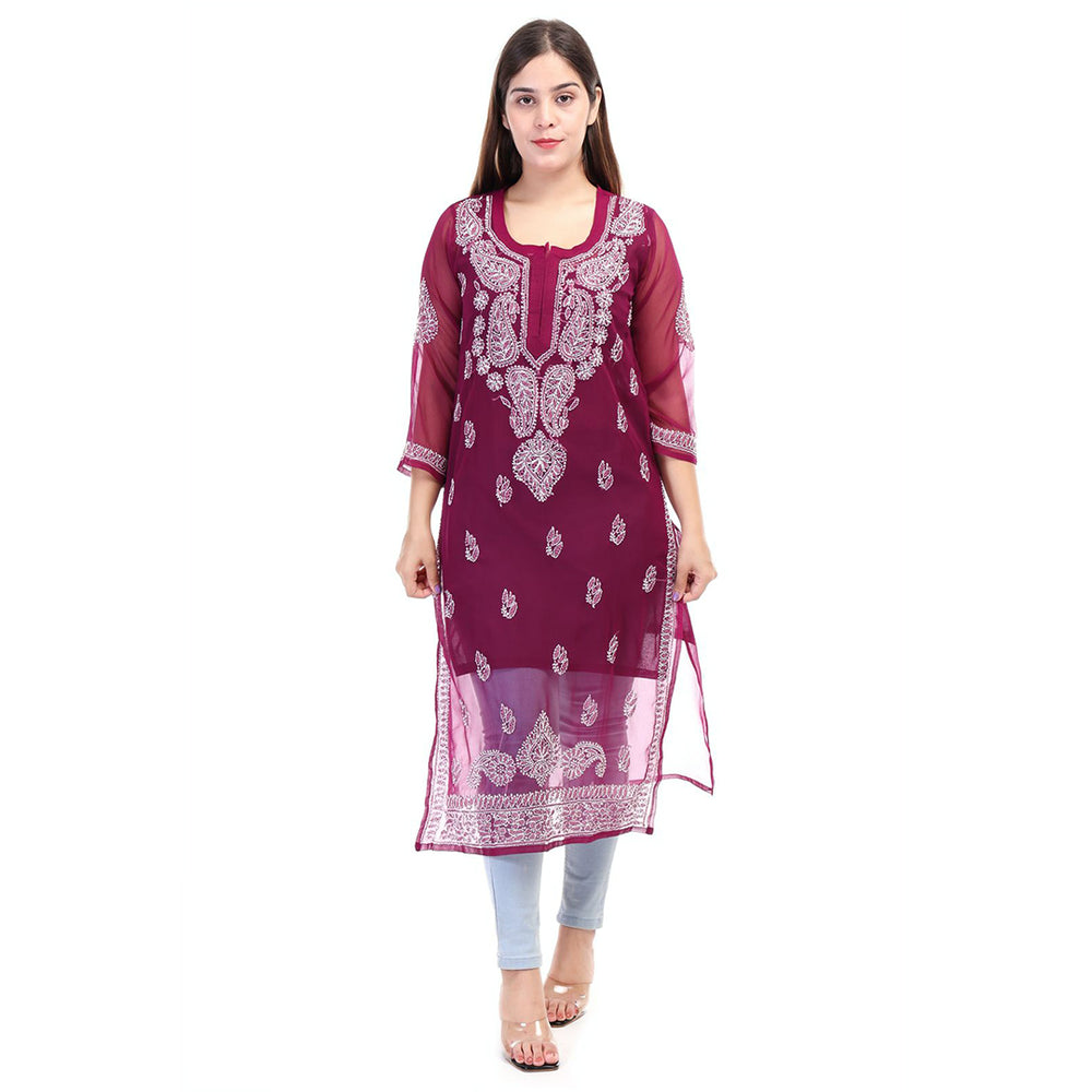 Women’s Purple Chikankari Cotton Kurta with 3/4 Sleeves