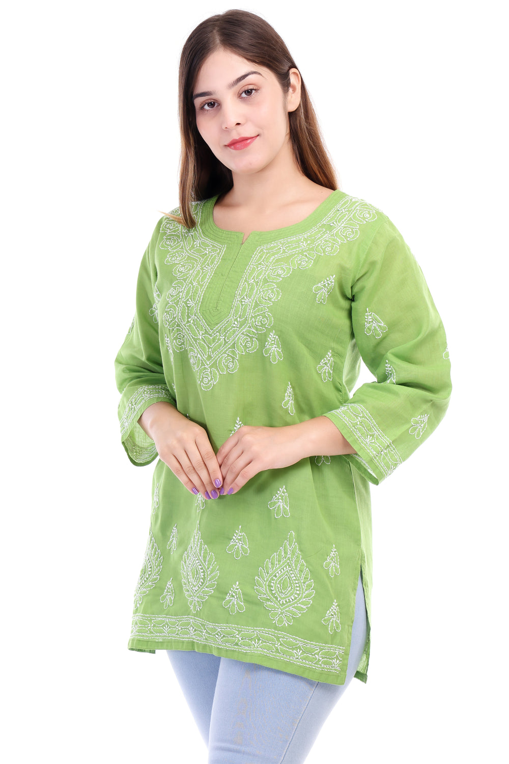 Women’s Green Chikankari Cotton Kurta with 3/4 Sleeves