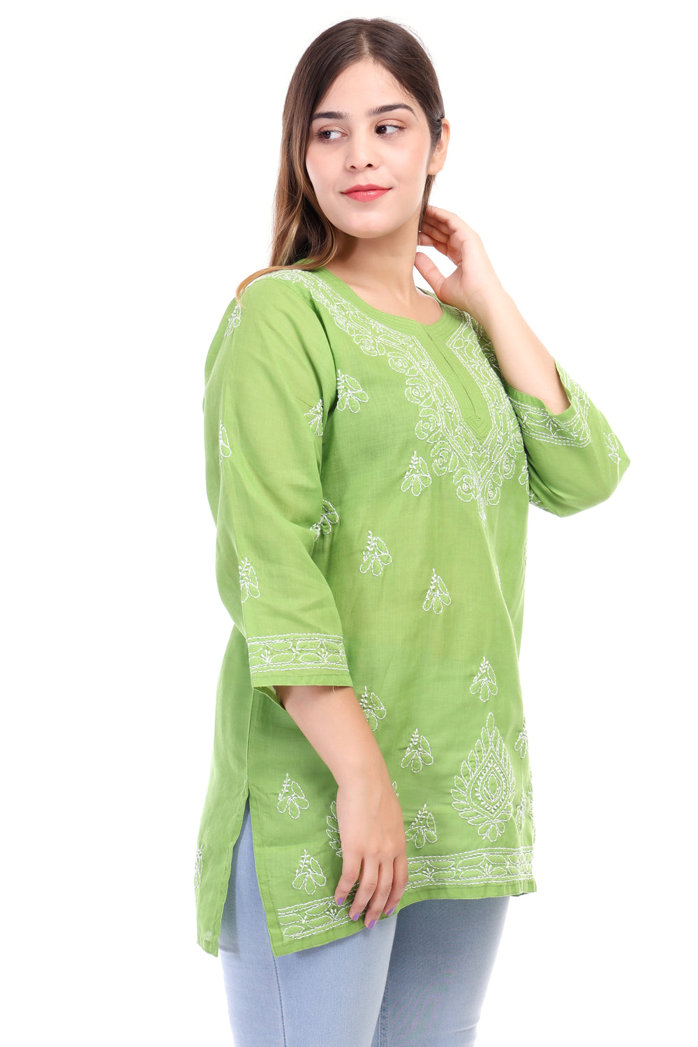Women’s Green Chikankari Cotton Kurta with 3/4 Sleeves