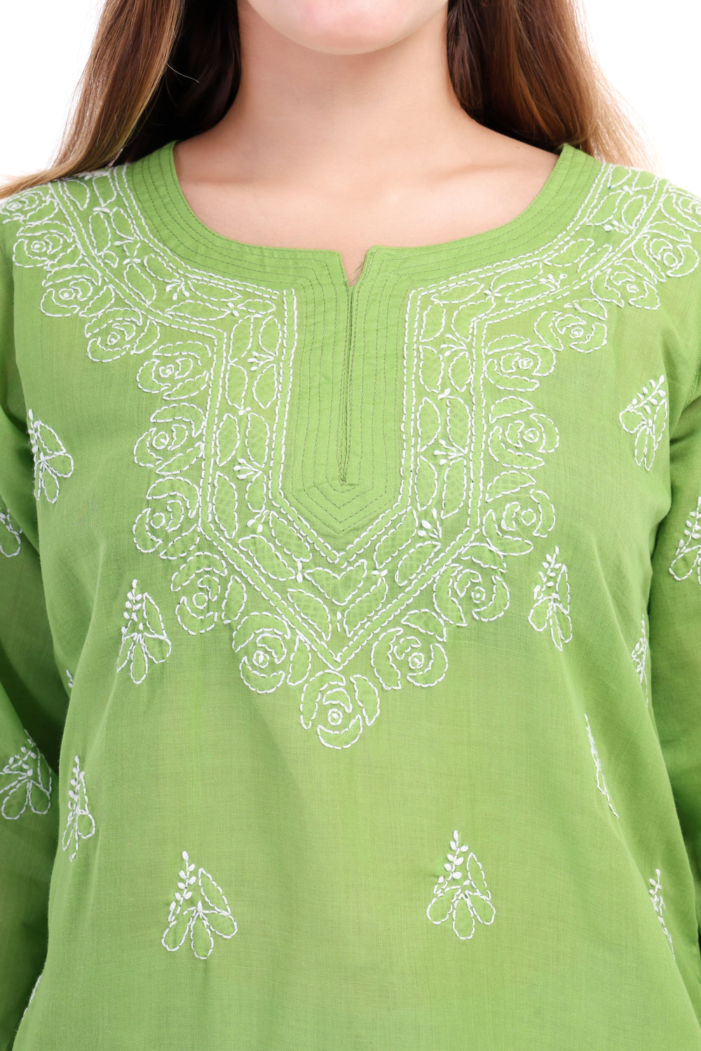 Women’s Green Chikankari Cotton Kurta with 3/4 Sleeves
