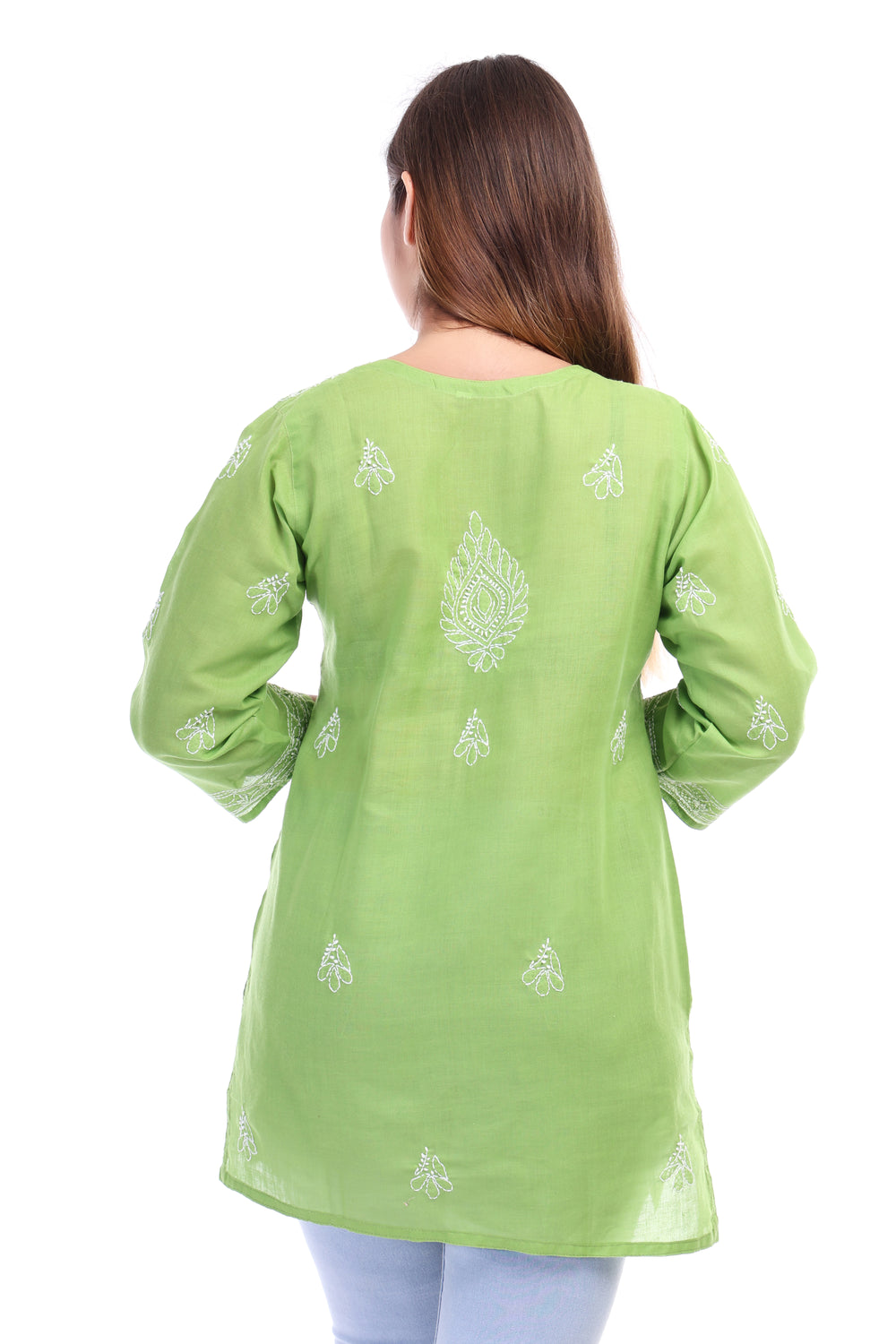 Women’s Green Chikankari Cotton Kurta with 3/4 Sleeves