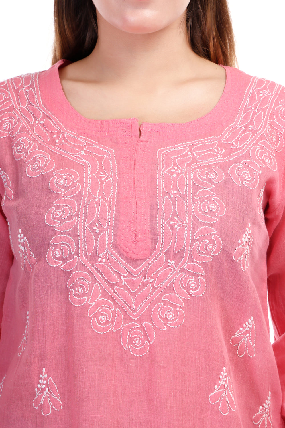 Women’s Pink Chikankari Cotton Kurta with 3/4 Sleeves