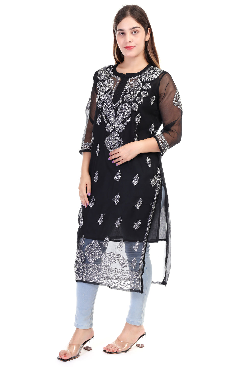 Women’s Black Chikankari Cotton Kurta with 3/4 Sleeves