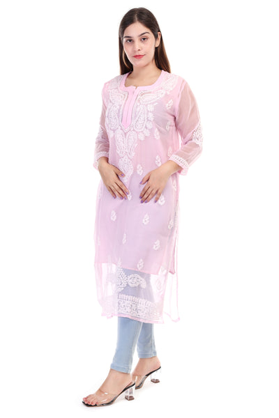 Women’s Light Pink Chikankari Cotton Kurta with 3/4 Sleeves