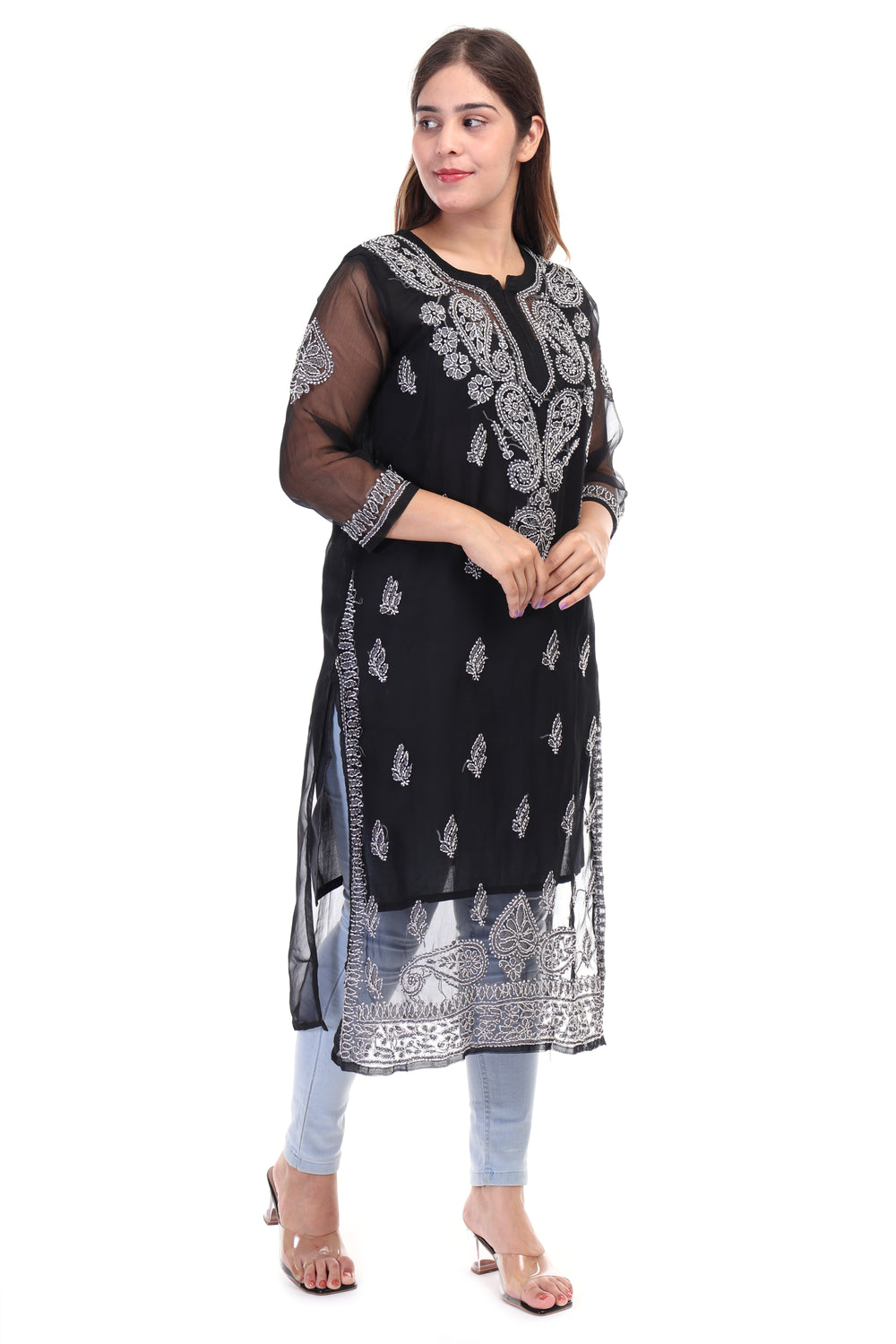 Women’s Black Chikankari Cotton Kurta with 3/4 Sleeves