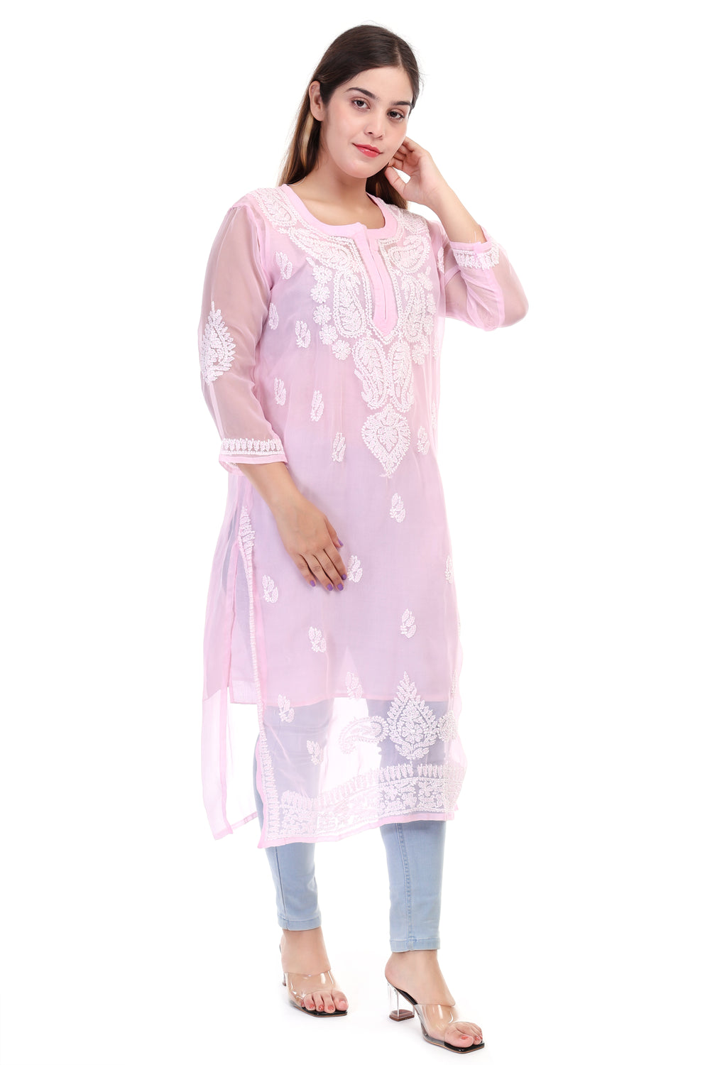 Women’s Light Pink Chikankari Cotton Kurta with 3/4 Sleeves
